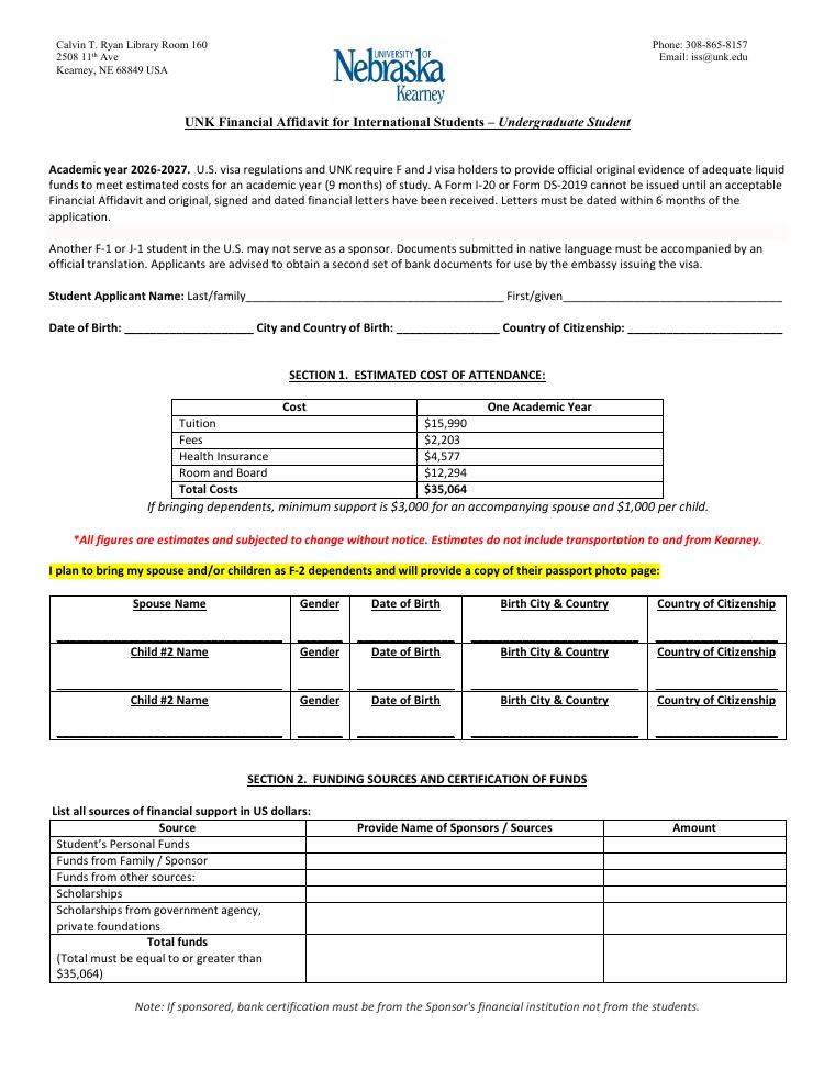 University of Nebraska at Kearney Financial Affidavit for International Students 2026-2027 document preview