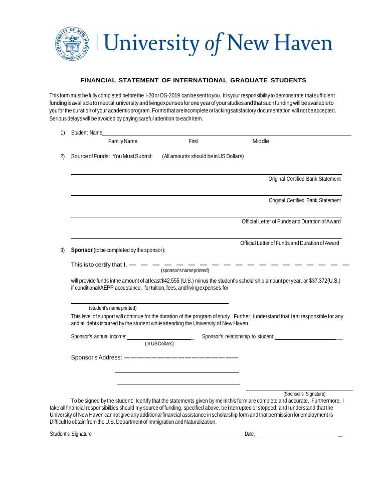 University of New Haven Graduate International Financial Statement document preview