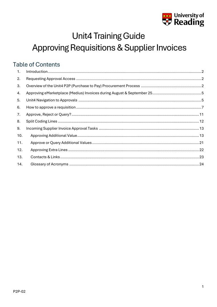 University of Reading Unit4 Approving Requisitions and Supplier Invoices Guide document preview