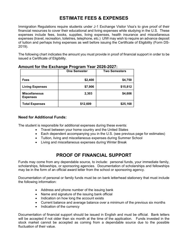 University of the Incarnate Word Exchange Student Financial Requirements 2026-2027 document preview