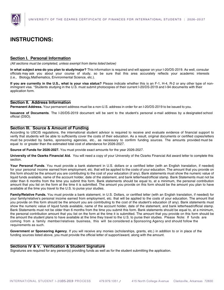 University of the Ozarks Certificate of Finances 2026-2027 document preview