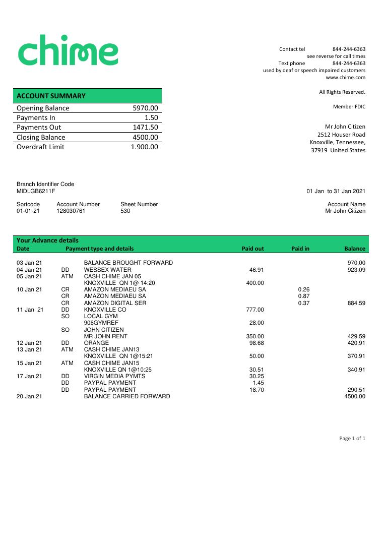 USA Chime Bank document preview