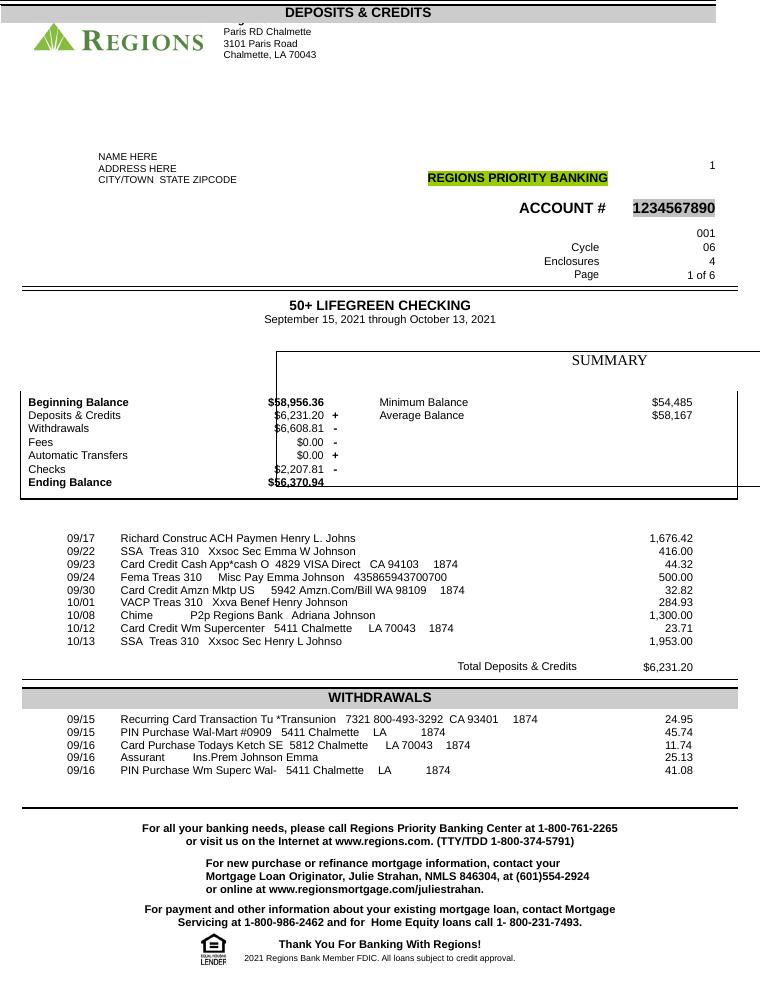 USA Regions Bank Statement document preview