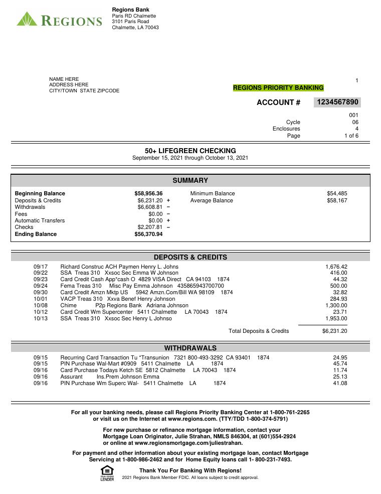 USA Regions Bank Statement document preview