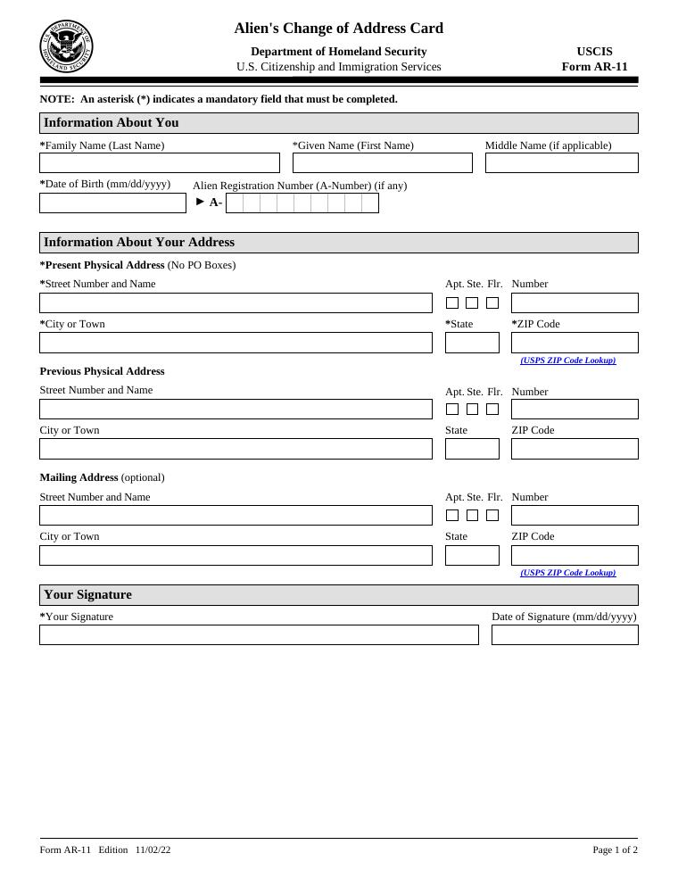 USCIS Form AR-11 Alien's Change of Address Card document preview