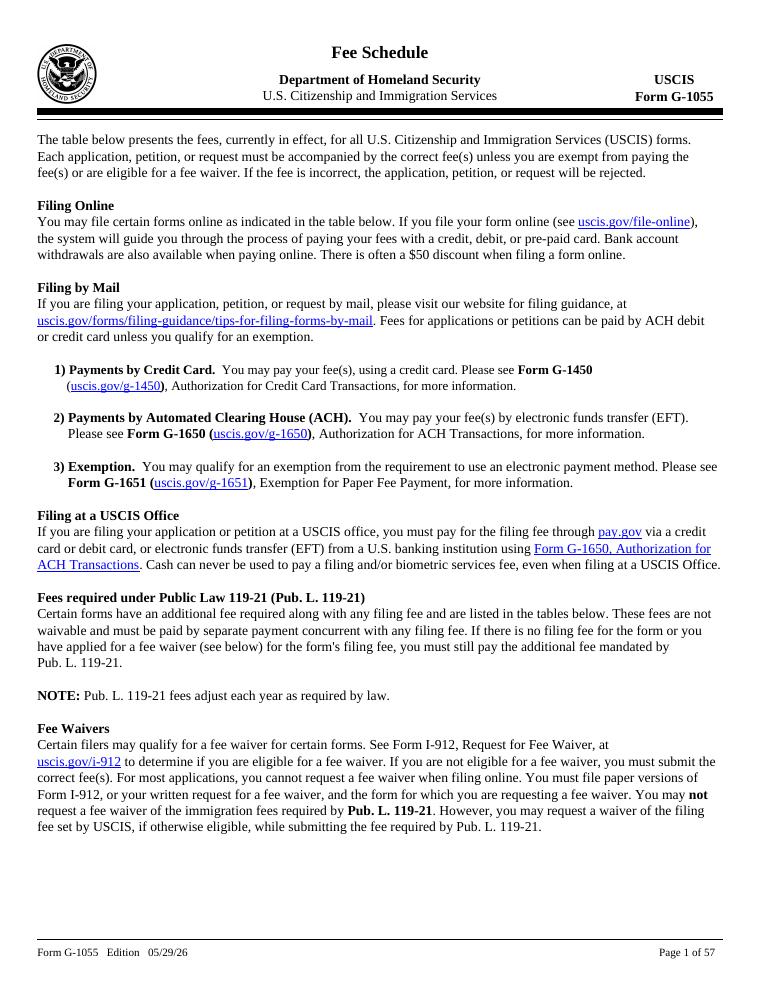 USCIS Form G-1055 Fee Schedule document preview
