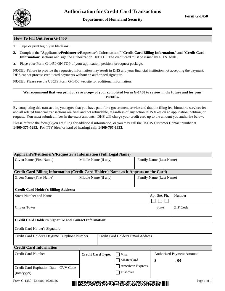 USCIS Form G-1450 Authorization for Credit Card Transactions document preview