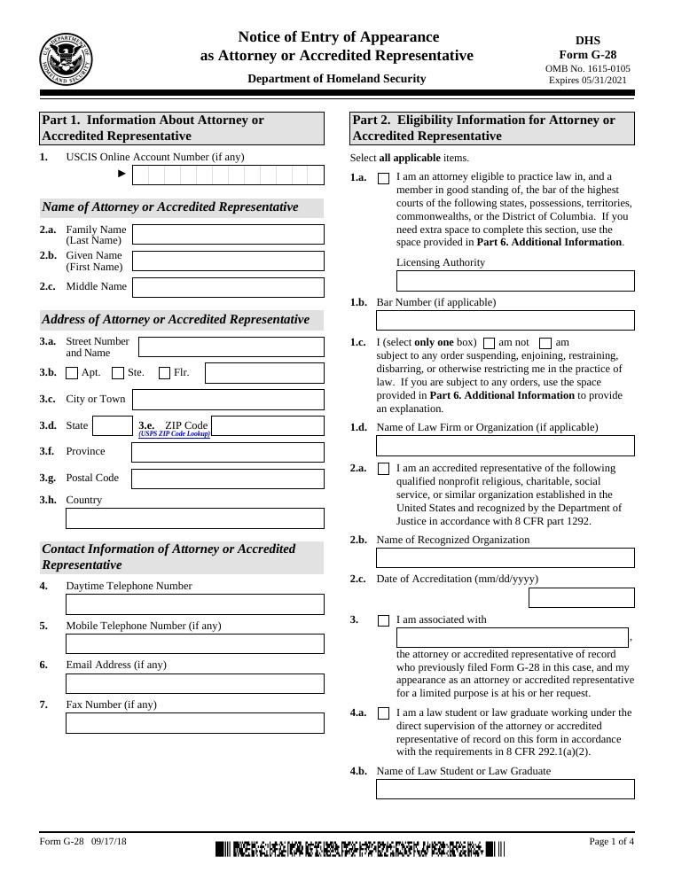 USCIS Form G-28 Notice of Entry of Appearance as Attorney or Accredited Representative document preview