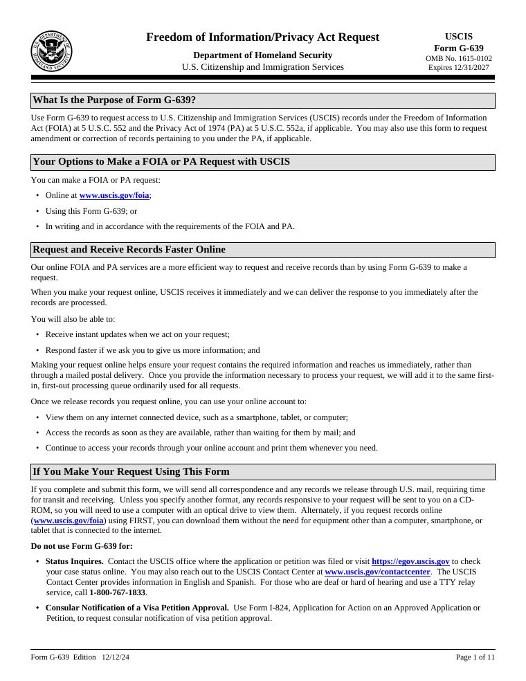 USCIS Form G-639 Freedom of Information/Privacy Act Request document preview