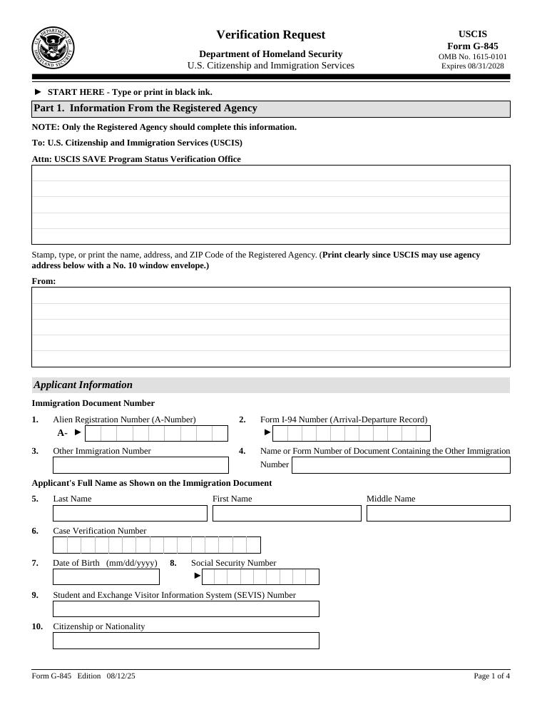 USCIS Form G-845 Verification Request document preview