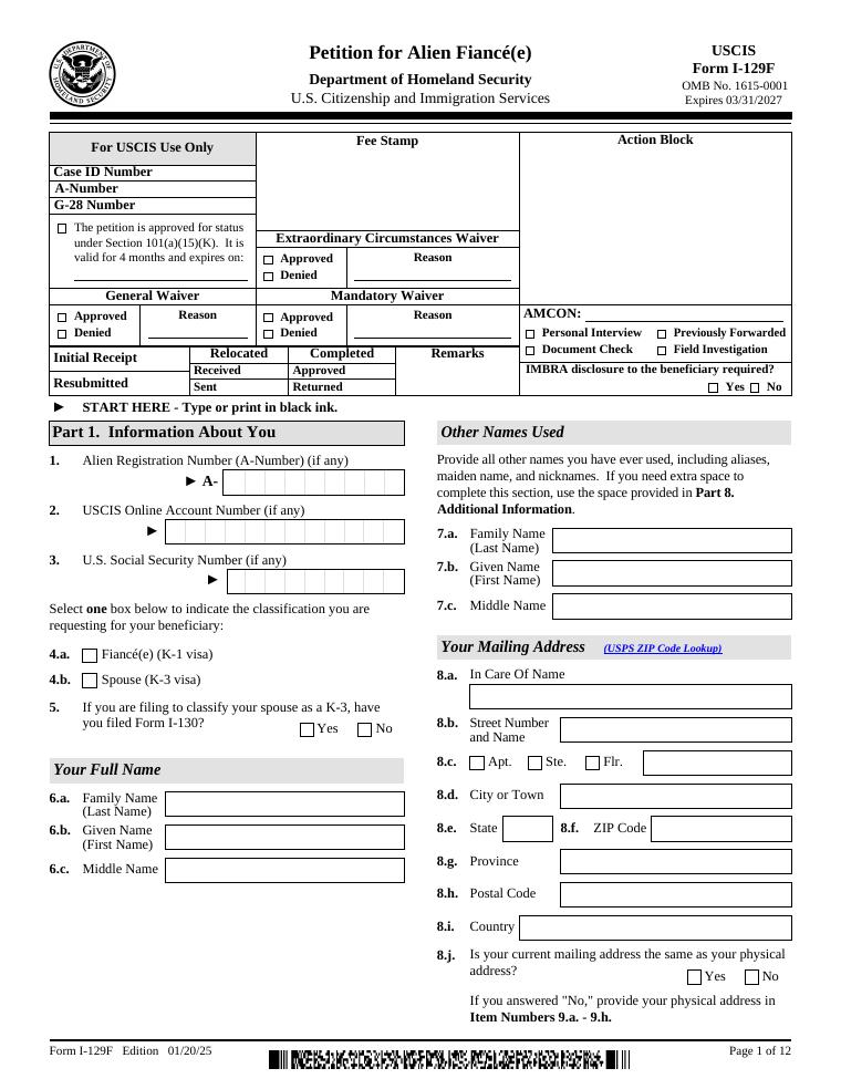 USCIS Form I-129F Petition for Alien Fiancé(e) document preview