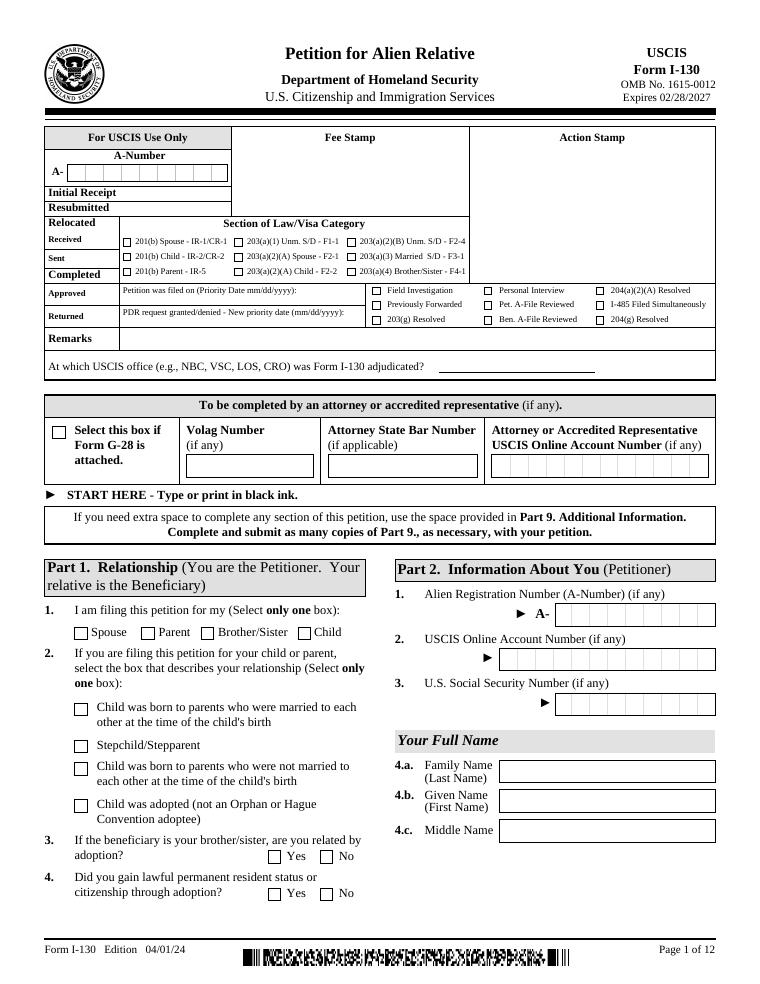 USCIS Form I-130 Petition for Alien Relative document preview