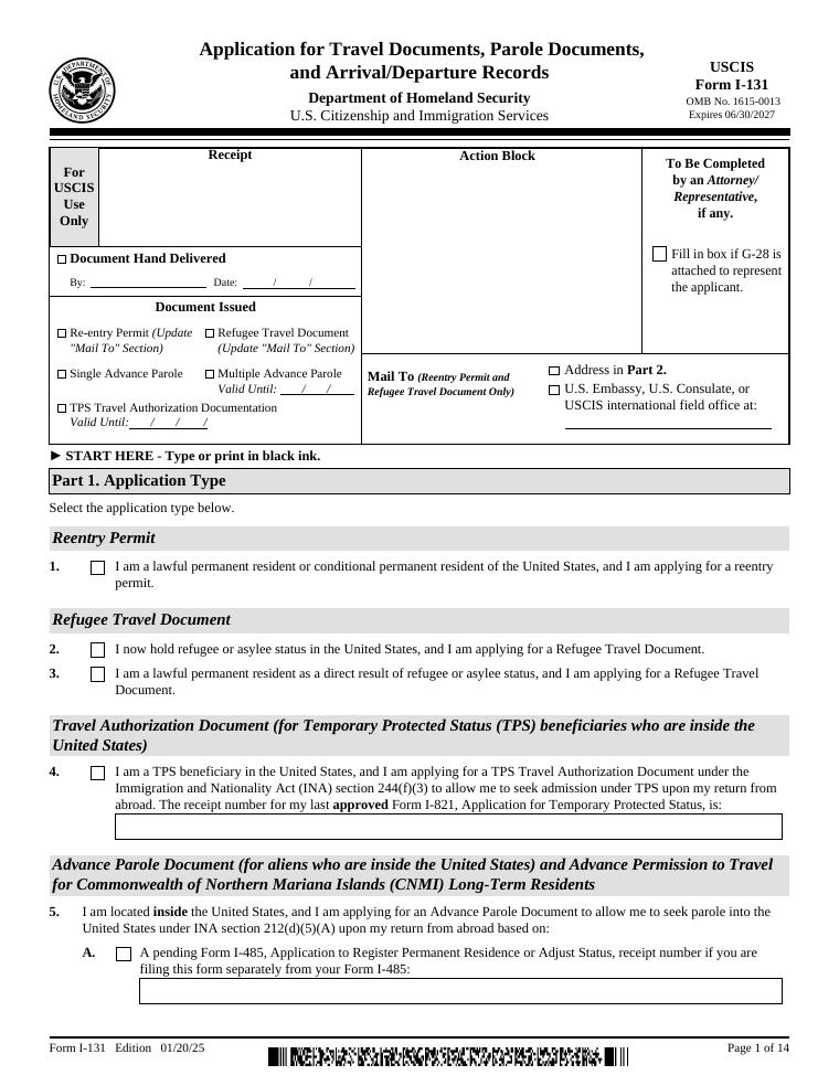USCIS Form I-131 Application for Travel Documents, Parole Documents, and Arrival/Departure Records document preview