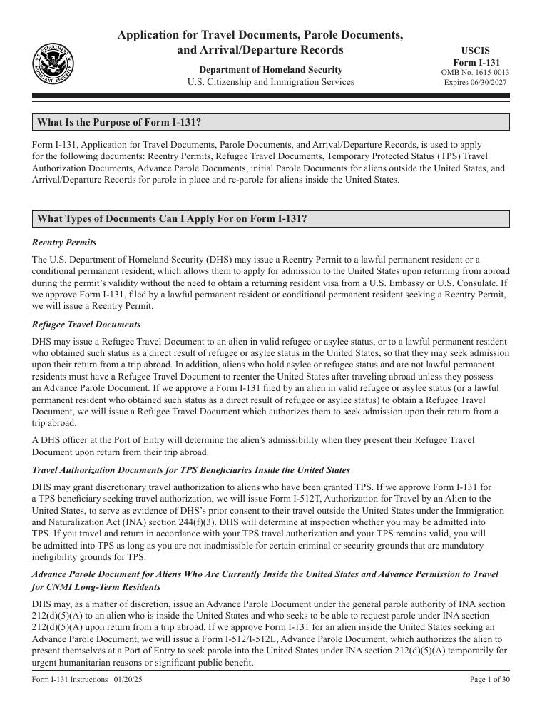 USCIS Form I-131 Instructions document preview
