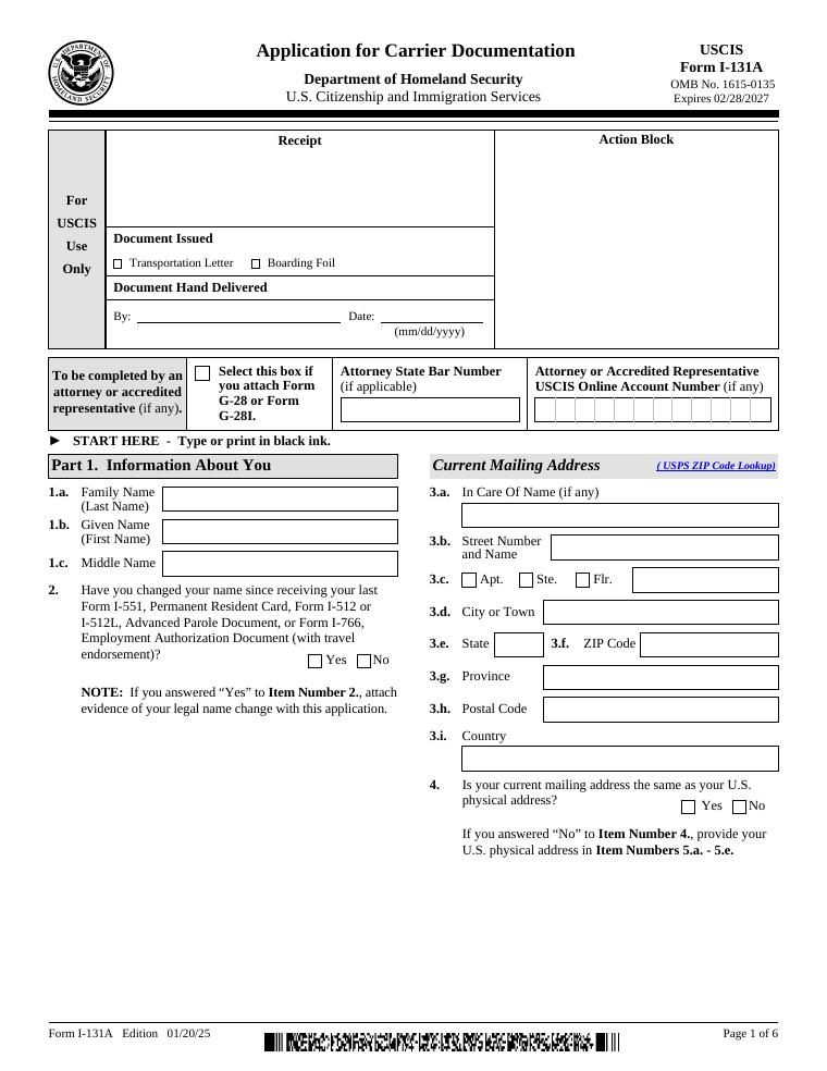 USCIS Form I-131A Application for Travel Document Carrier Documentation document preview