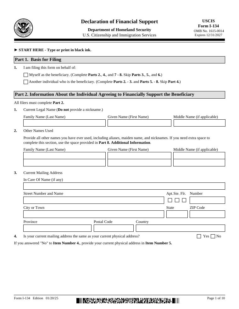 USCIS Form I-134 Declaration of Financial Support document preview
