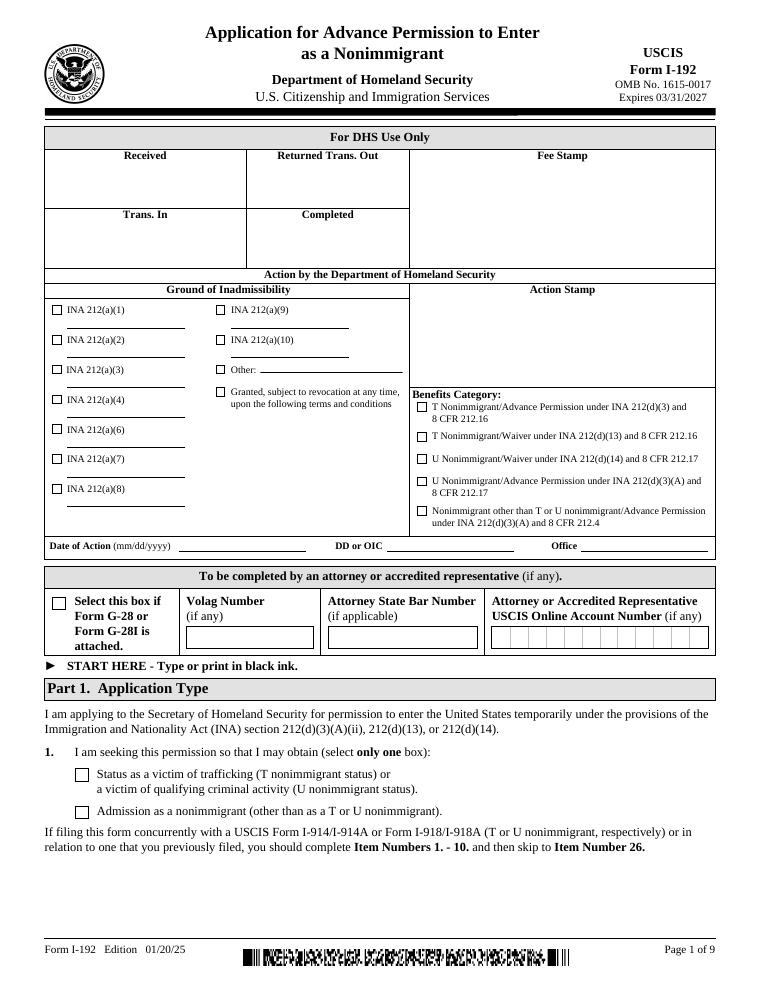 USCIS Form I-192 Application for Advance Permission to Enter as a Nonimmigrant document preview