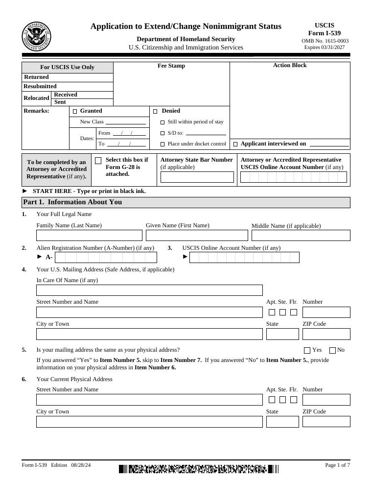 USCIS Form I-539 Application to Extend or Change Nonimmigrant Status document preview