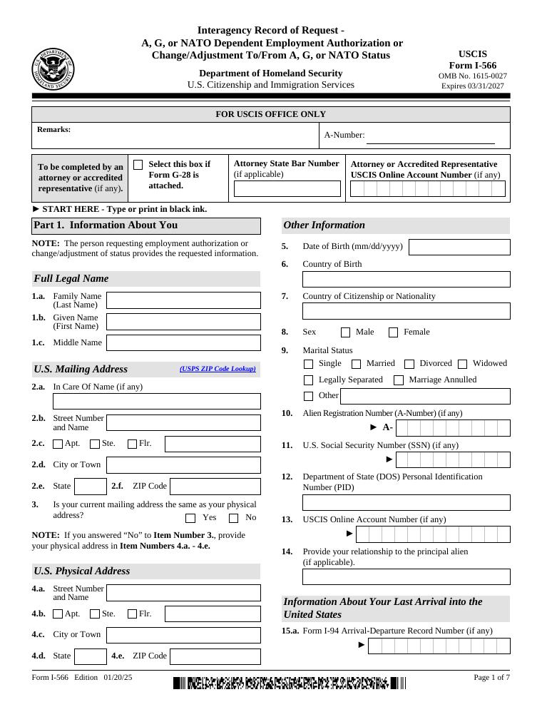 USCIS Form I-566 Interagency Record of Request for A, G, or NATO Dependent Employment Authorization or Change and Adjustment of Status document preview
