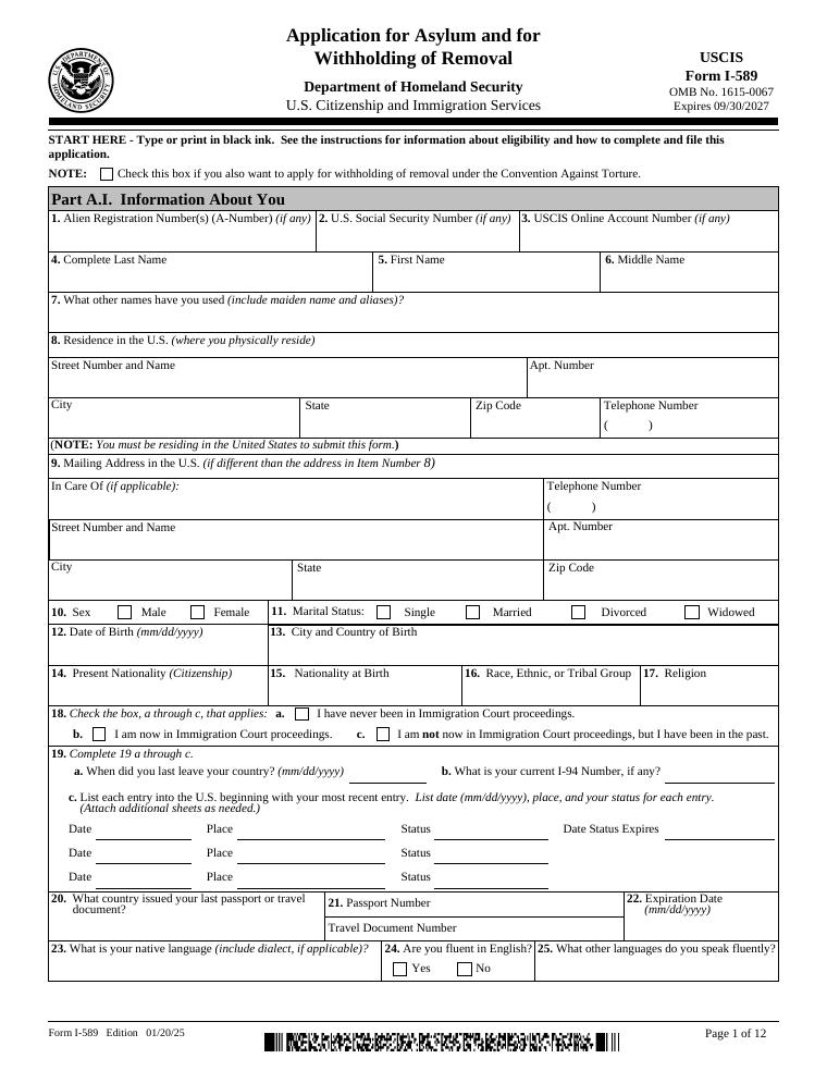 USCIS Form I-589 Application for Asylum and for Withholding of Removal document preview