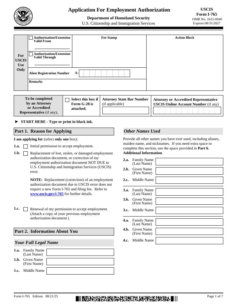 USCIS Form I-765 Application for Employment Authorization document preview