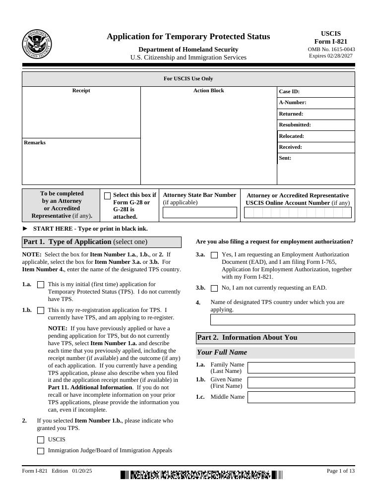 USCIS Form I-821 Application for Temporary Protected Status document preview