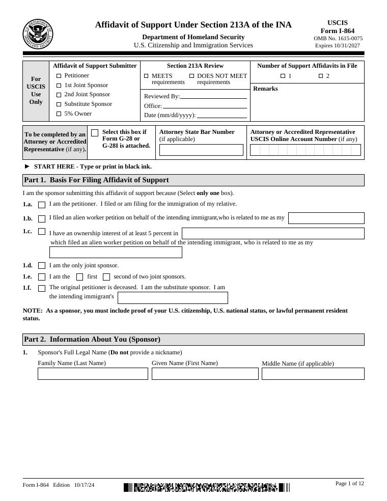 USCIS Form I-864 Affidavit of Support Under Section 213A of the INA document preview