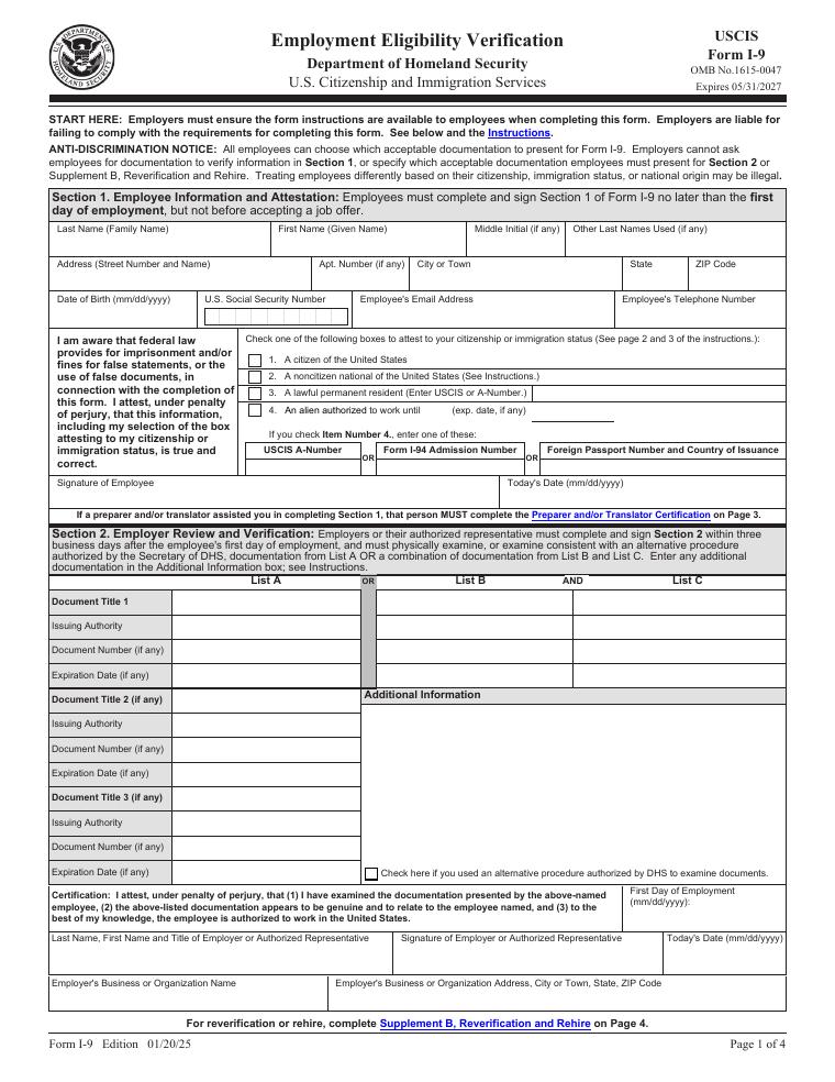USCIS Form I-9 Employment Eligibility Verification document preview