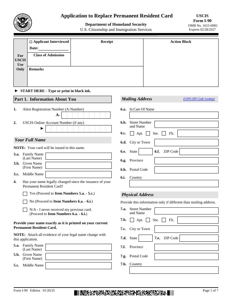 USCIS Form I-90 Application to Replace Permanent Resident Card document preview