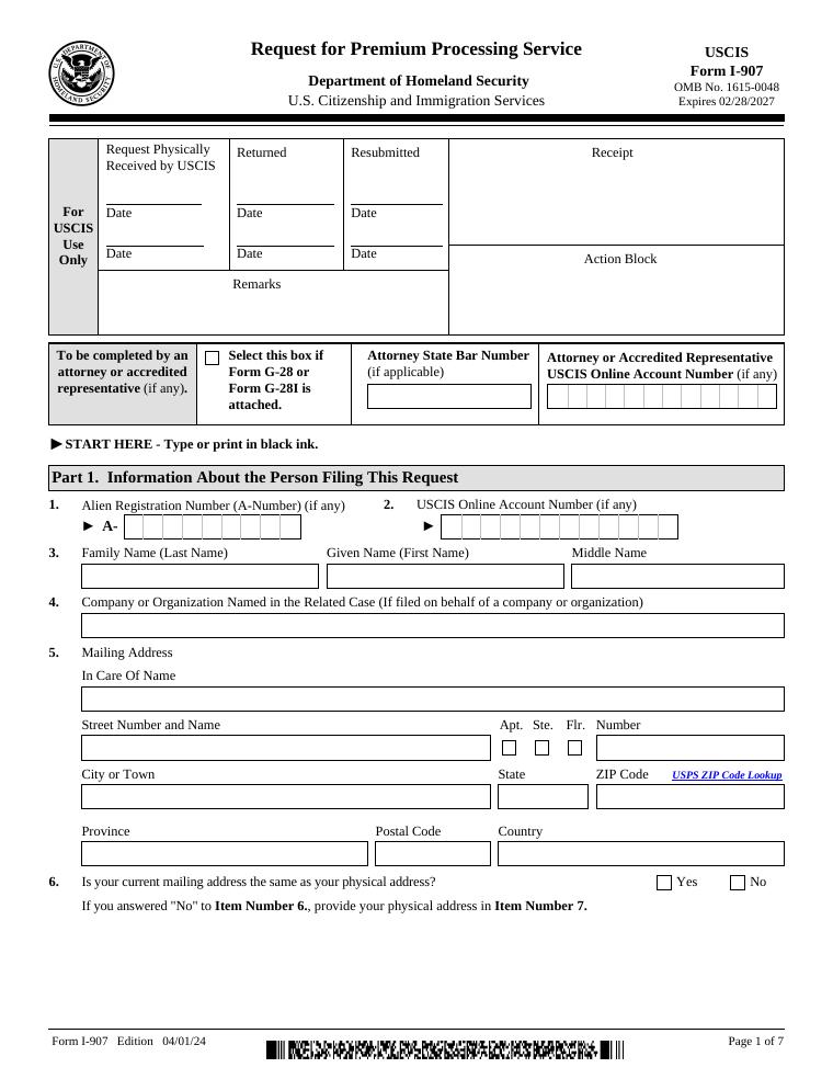 USCIS Form I-907 Request for Premium Processing Service document preview