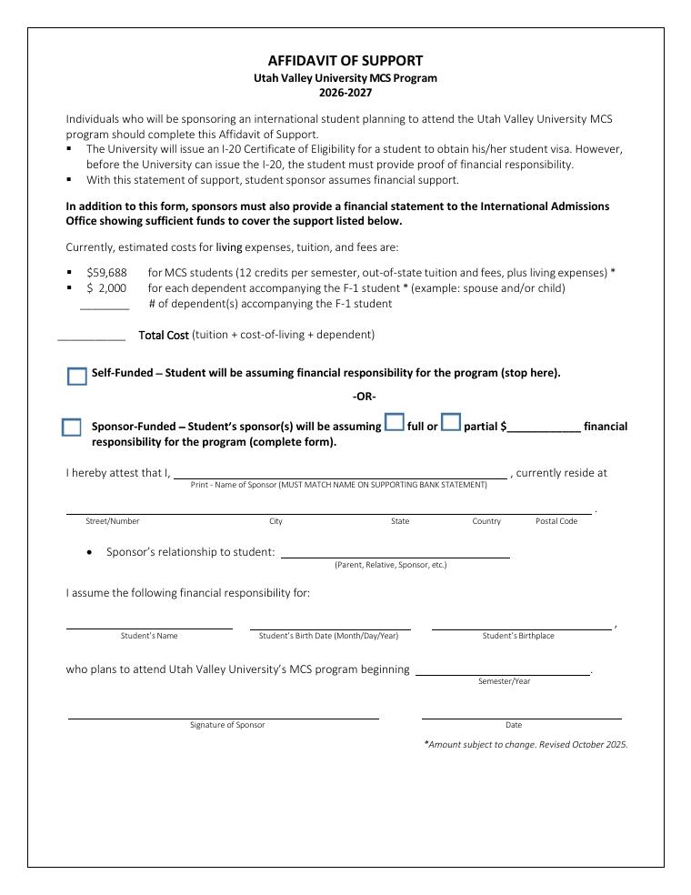 Utah Valley University MCS Affidavit of Support 2026-2027 document preview