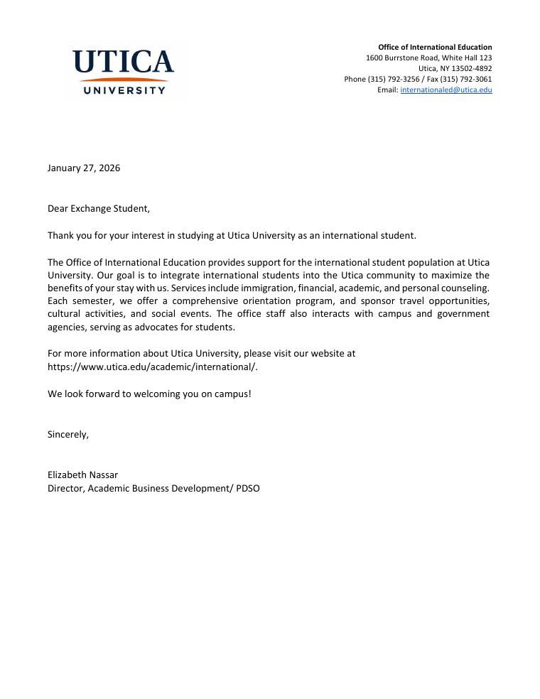 Utica University Inbound Exchange Student Financial Documentation document preview