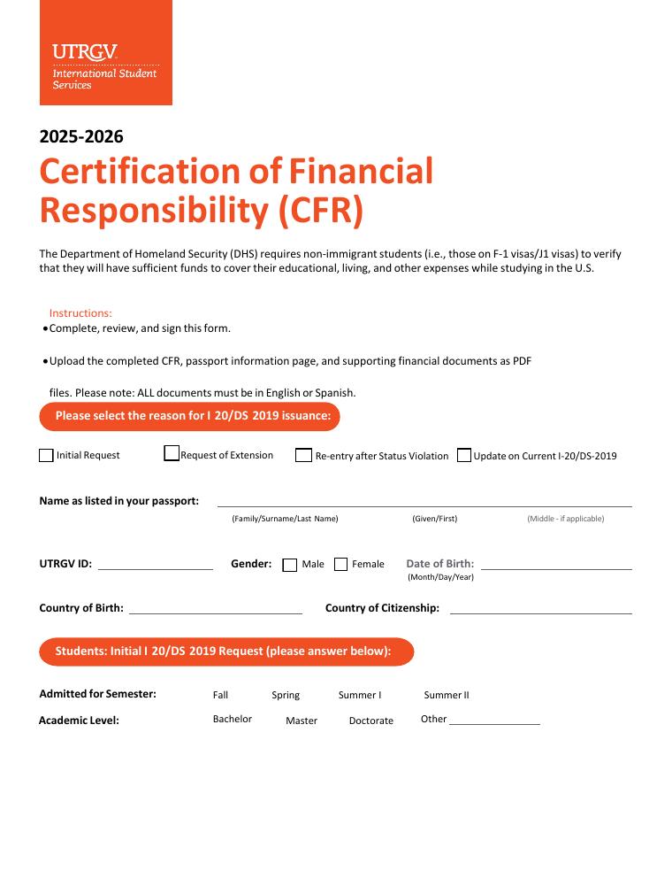 UTRGV Certification of Financial Responsibility 2025-2026 document preview