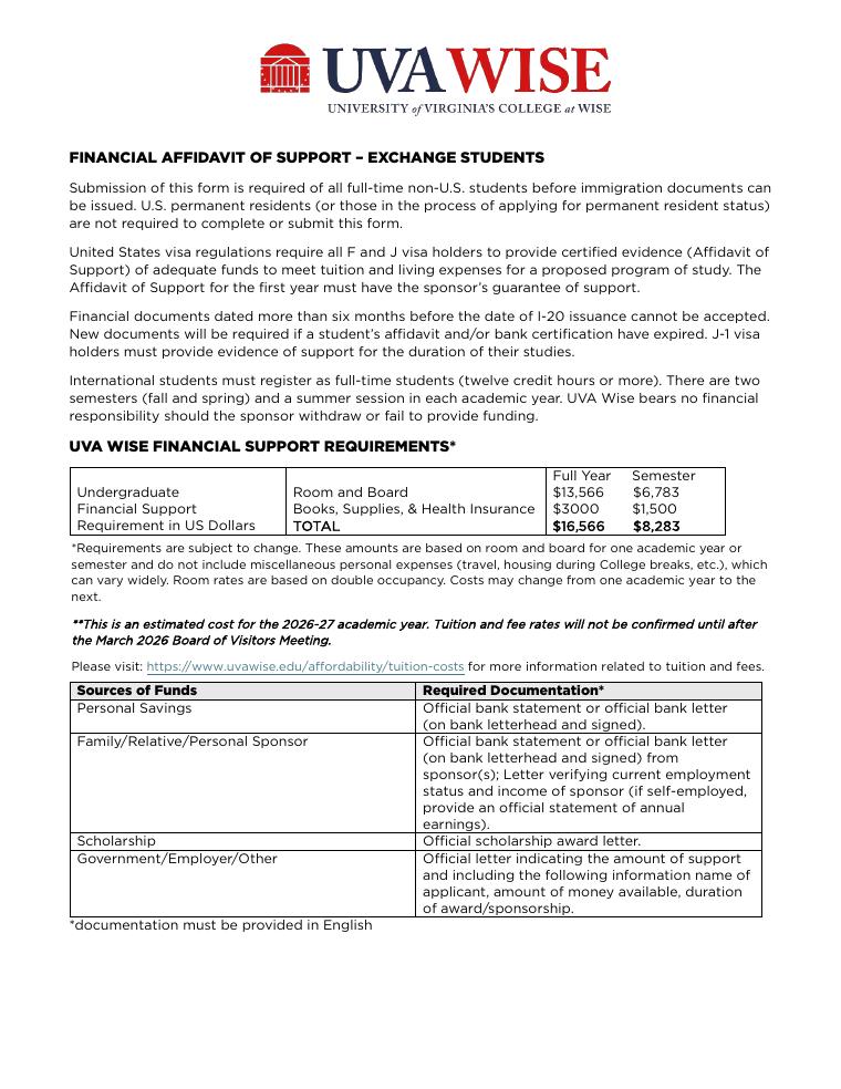 UVA Wise Financial Affidavit of Support for Exchange Students 2026-2027 document preview