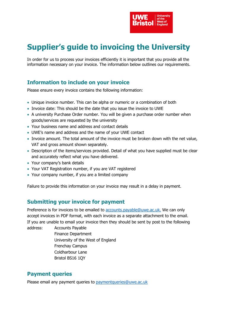 UWE Bristol Suppliers Guide to Invoicing the University document preview