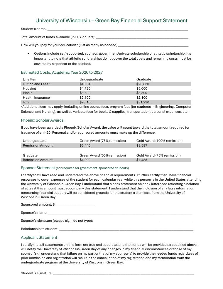 UW-Green Bay Financial Support Statement with Sample Bank Letter 2026-27 document preview