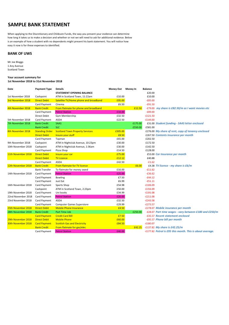 UWS Sample Bank Statement for Student Evidence document preview
