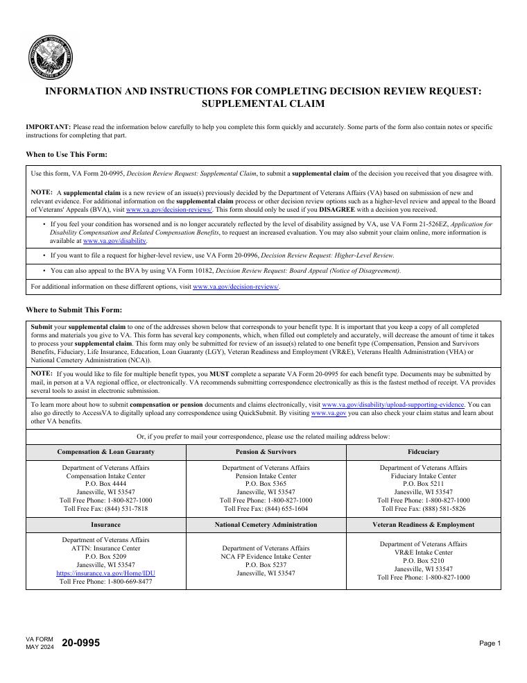 VA Form 20-0995 Supplemental Claim document preview