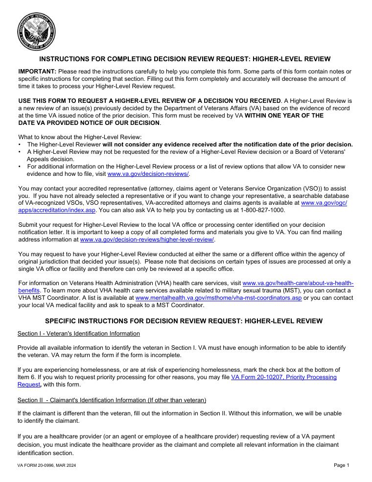 VA Form 20-0996 Higher-Level Review Request document preview