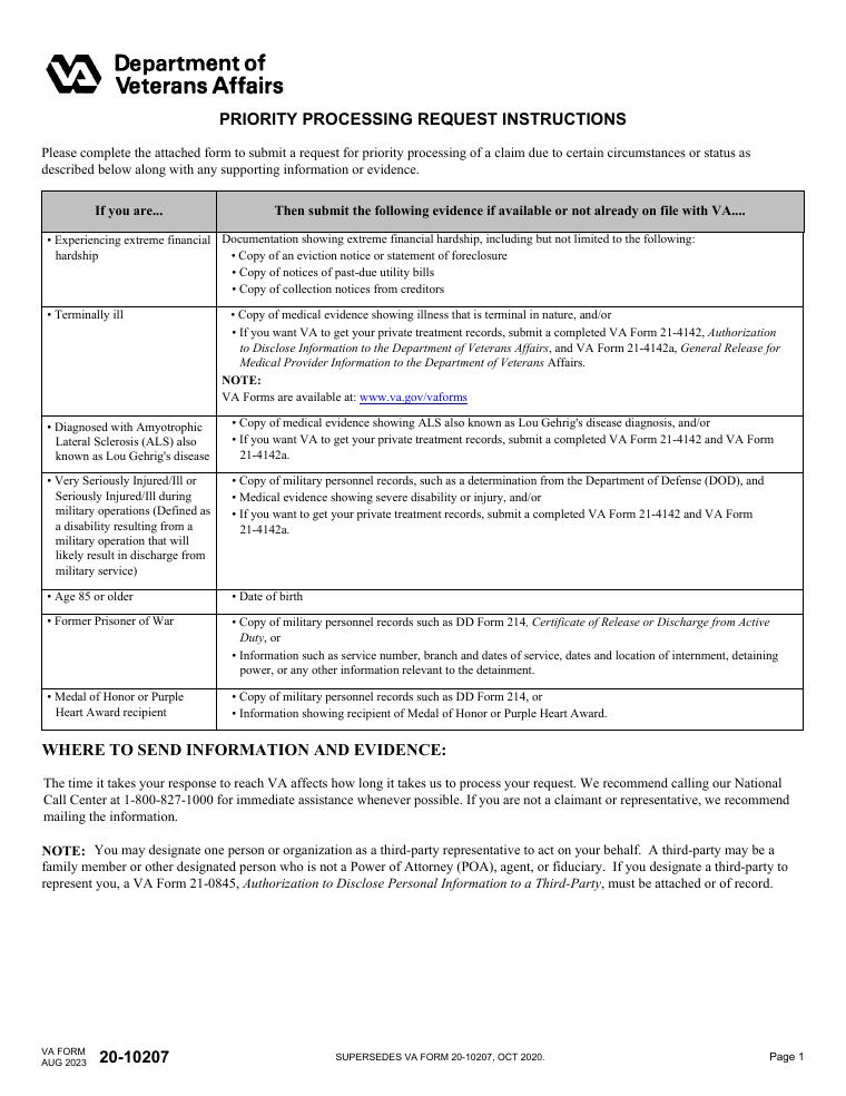 VA Form 20-10207 Priority Processing Request document preview