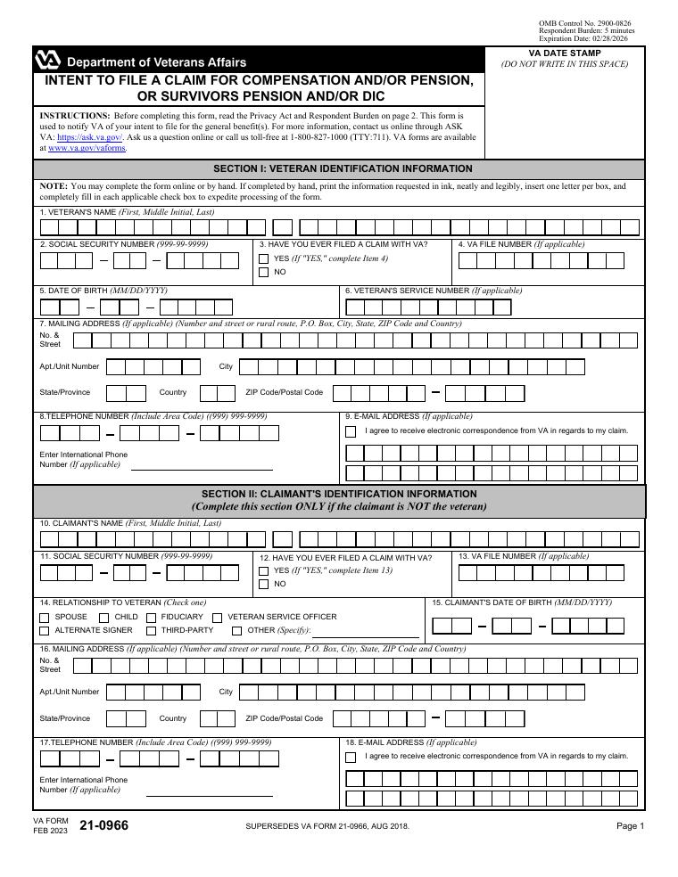 VA Form 21-0966 Intent to File a Claim document preview