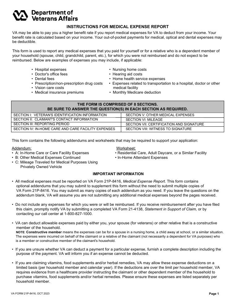 VA Form 21P-8416 Medical Expense Report document preview