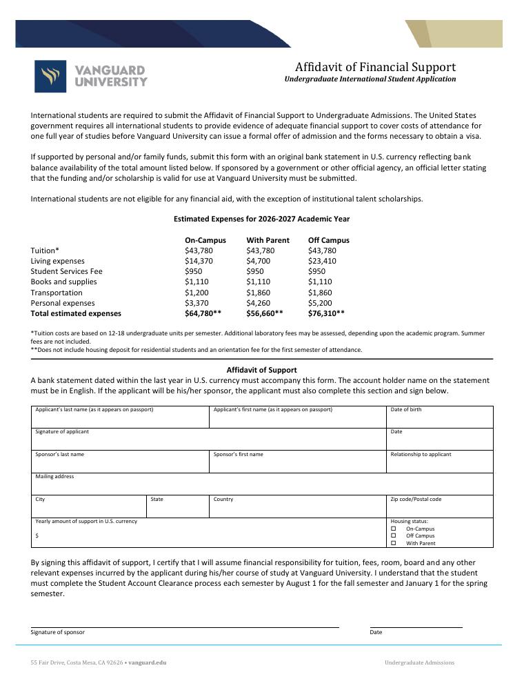 Vanguard University Affidavit of Financial Support 2026-2027 document preview