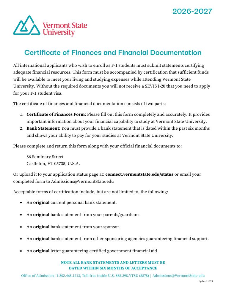 Vermont State Certificate of Finances 2026-2027 document preview