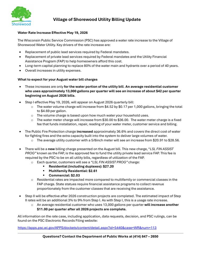 Village of Shorewood Utility Billing Update Sample Bill document preview