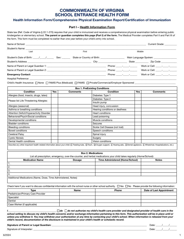 Virginia School Entrance Health Form document preview