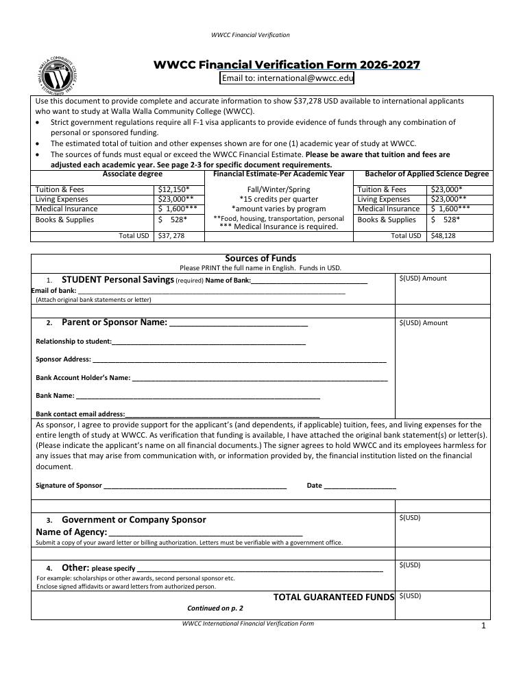 Walla Walla Community College Financial Verification Bank Statement Guidance document preview