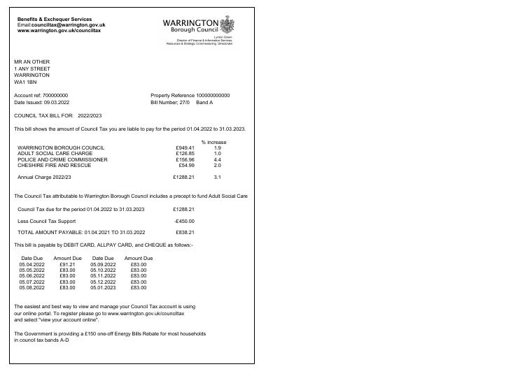 Warrington Borough Council Example Council Tax Bill 2022-23 document preview