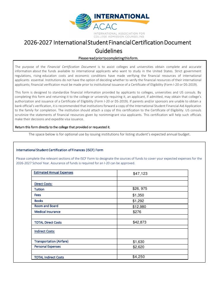 Wartburg College International Student Financial Certification Document 2026-2027 document preview