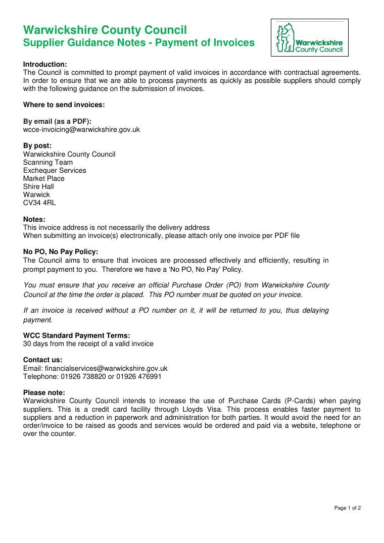 Warwickshire County Council Supplier Guidance Notes for Payment of Invoices document preview